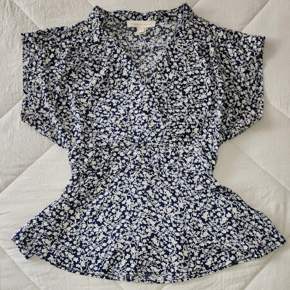 Monteau Navy and White Floral Blouse